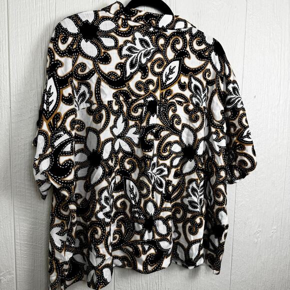 Susan Graver PURE Printed Linen Blend Elbow Sleeve Camp Shirt Black Tan Size 1X - Picture 4 of 9